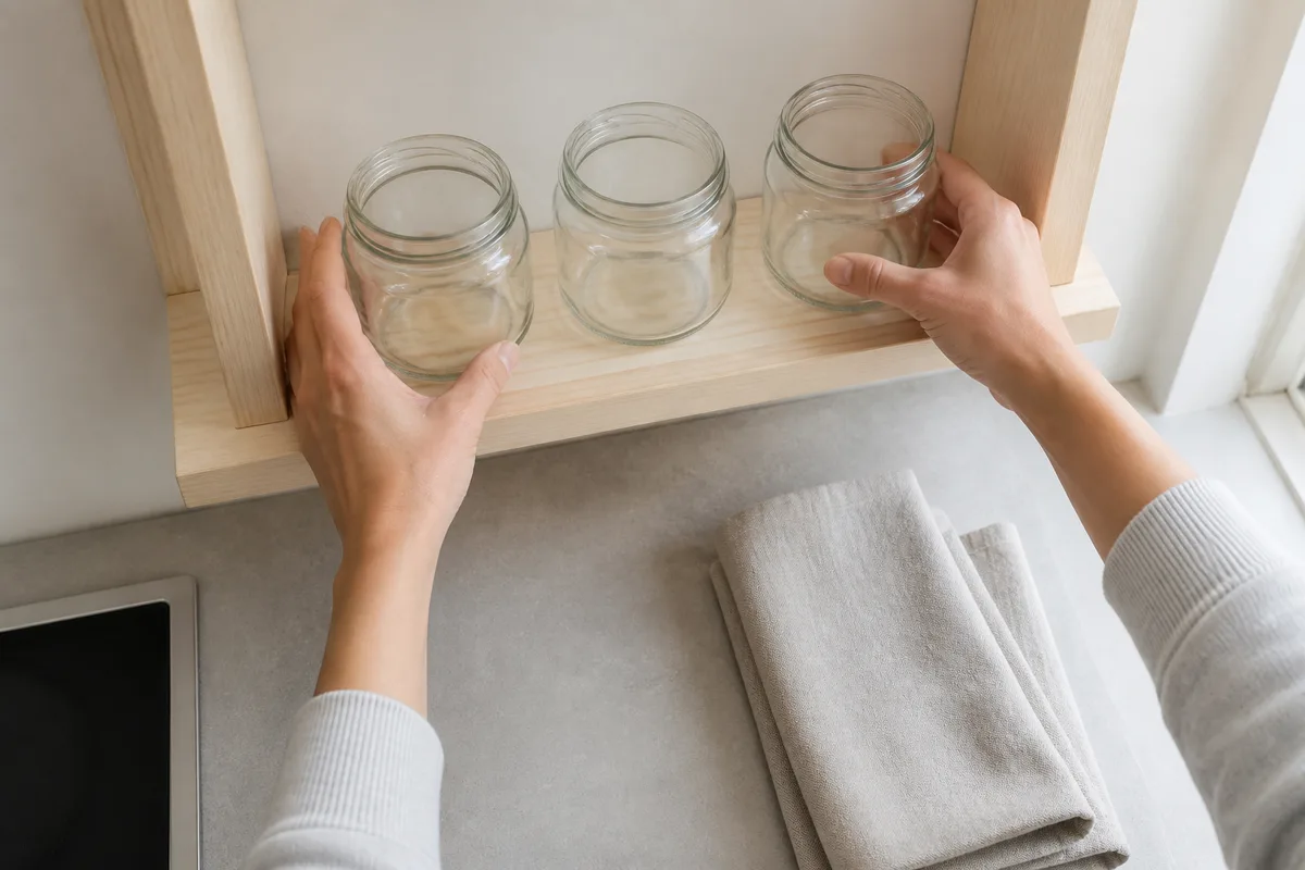 Petite cuisine de studio en plongée, deux mains rangeant des bocaux de verre lisses sur une étagère