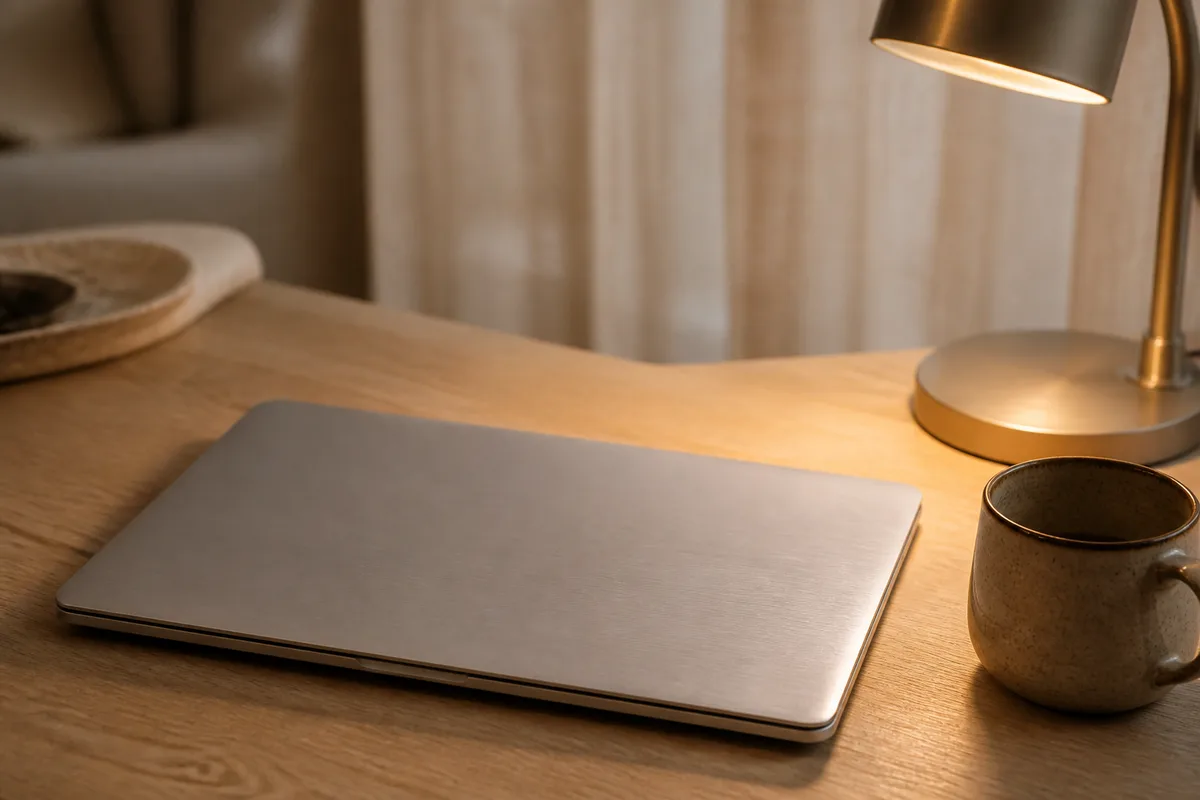Bureau d&rsquo;étudiant avec un ordinateur portable fermé au capot uni et un mug en grès, lumière de fin de journée
