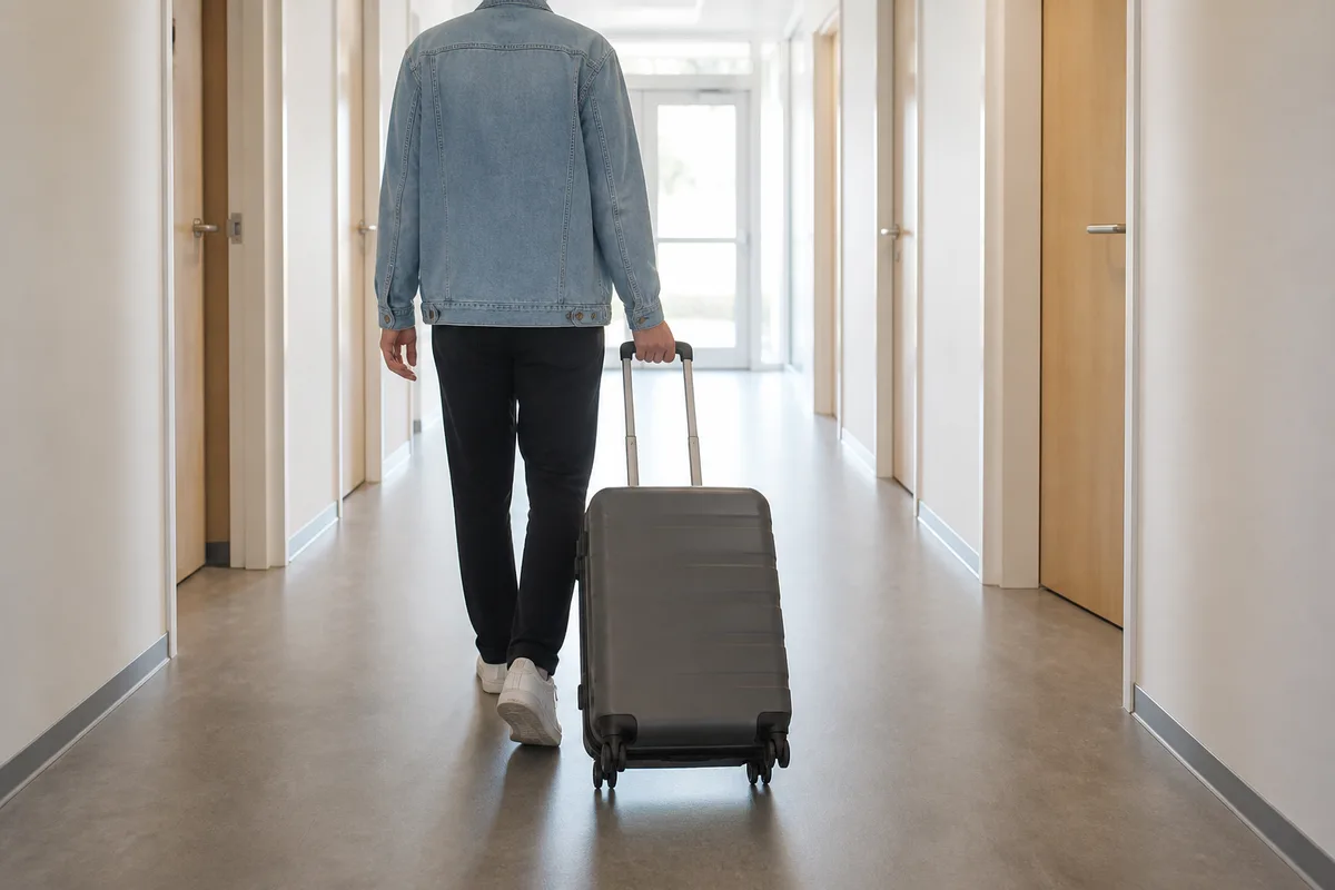Couloir de résidence étudiante, personne cadrée de dos tirant une valise unie vers la sortie