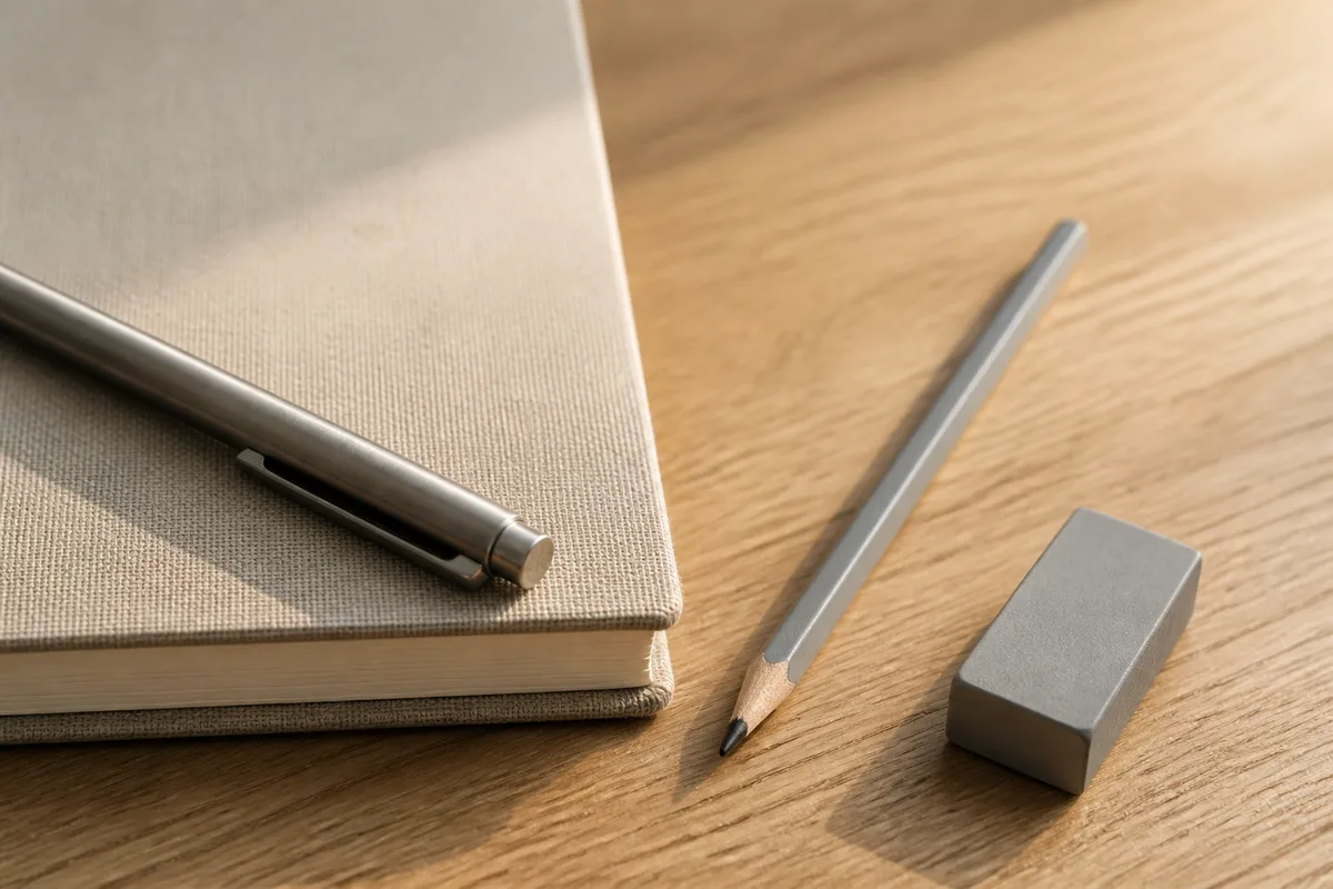Bureau de rédaction en bois clair avec un carnet fermé et un stylo posé de biais