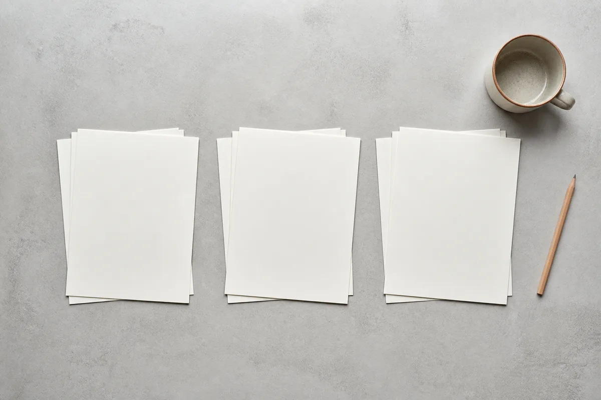 Plan de travail calme avec des feuilles vierges empilées et une tasse en grès uni