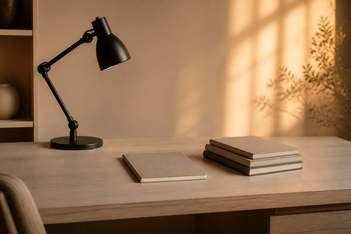 Coin de bureau calme avec un carnet fermé et une lampe orientable en métal mat