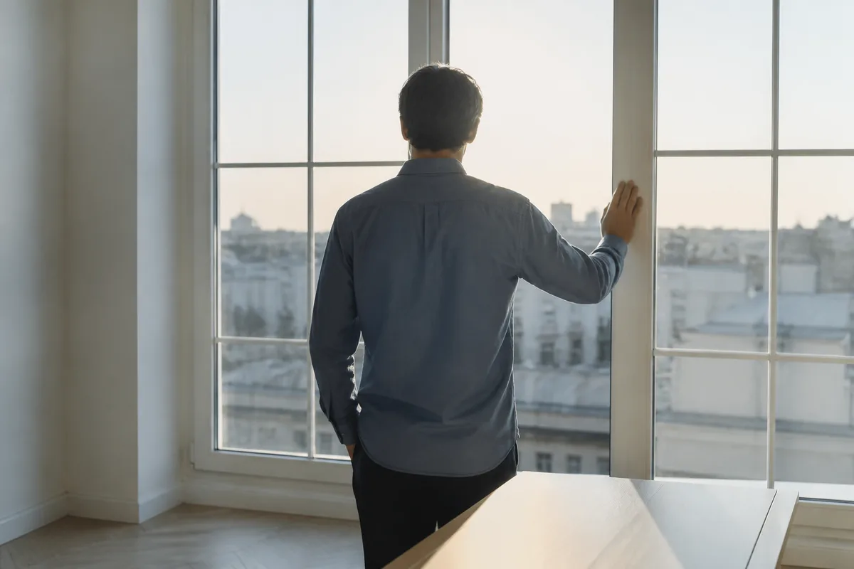 Silhouette de dos devant une fenêtre, pièce sobre, lumière naturelle de fin de journée