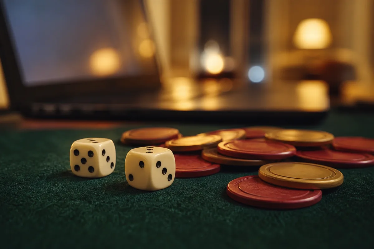 Dés de casino et jetons dispersés sur feutre vert, ambiance tamisée