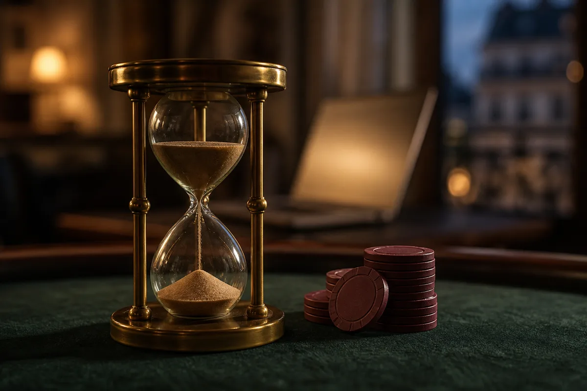 Sablier en laiton près de jetons de casino, symbole du temps de mise