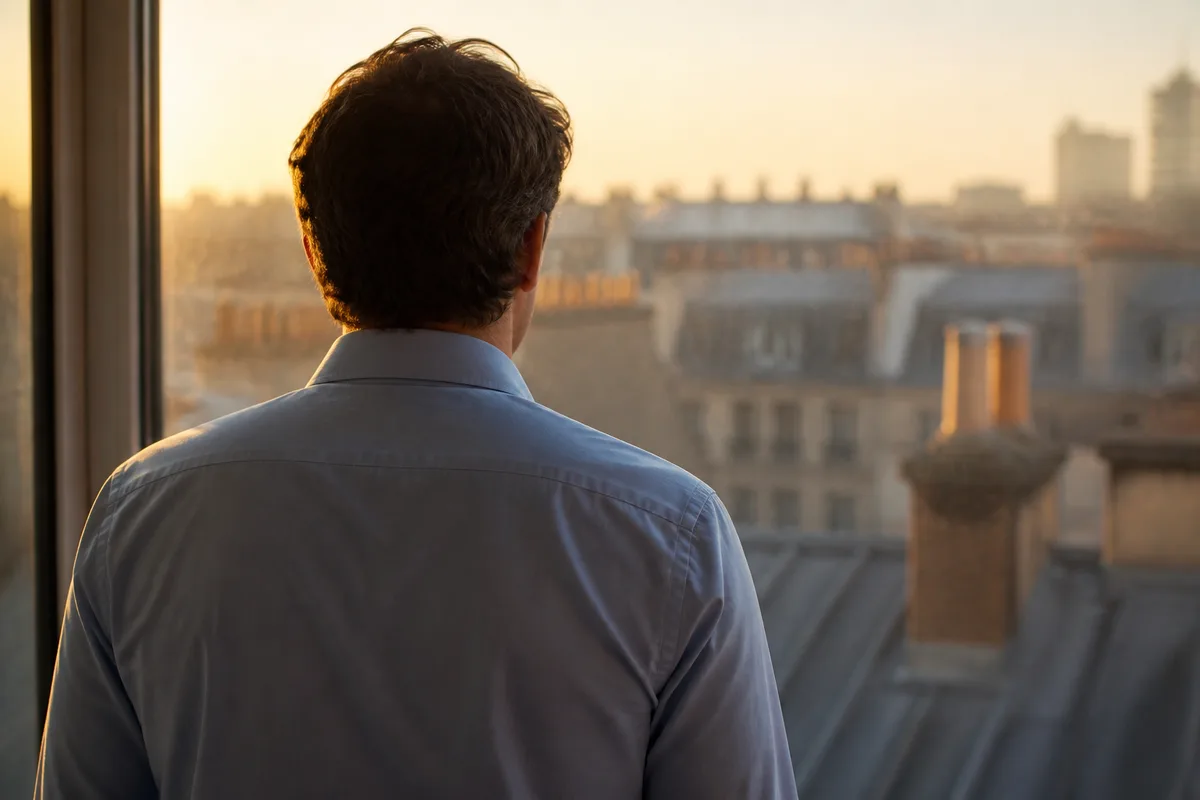 Détail d’un plan de travail en béton ciré avec une tasse en grès uni et un stylo métallique