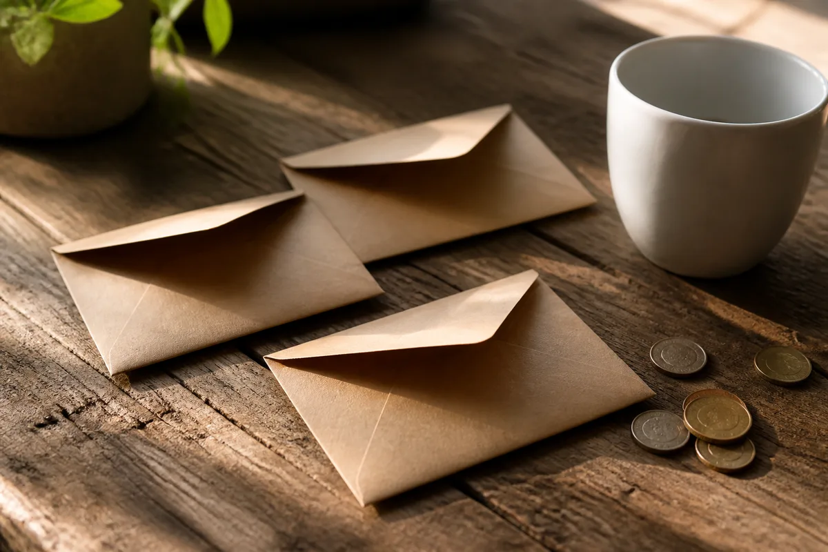 Trois enveloppes en papier kraft alignées sur une table en bois clair