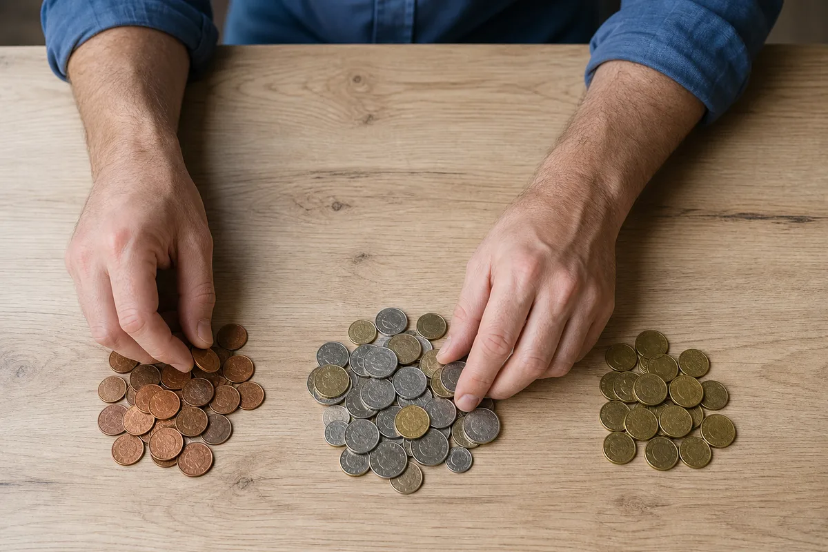 Mains triant des pièces de monnaie en trois tas sur une table en bois