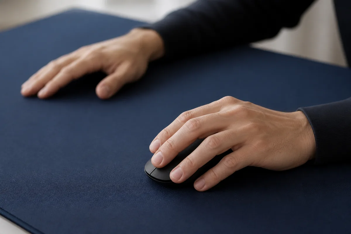 Mains posées sur un large tapis de bureau souple à côté d’une souris sombre