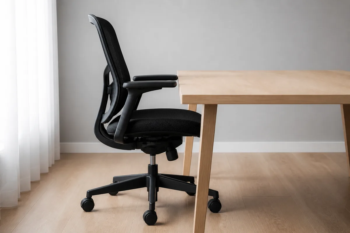Fauteuil de bureau réglable devant un plateau clair dégagé, lumière naturelle latérale