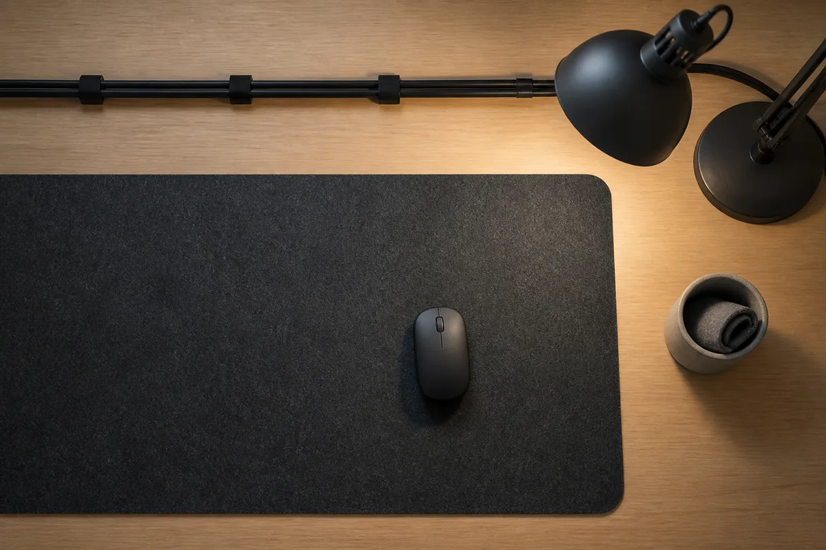 Vue en plongée d’un plateau de bureau rangé avec câbles regroupés et lampe orientable